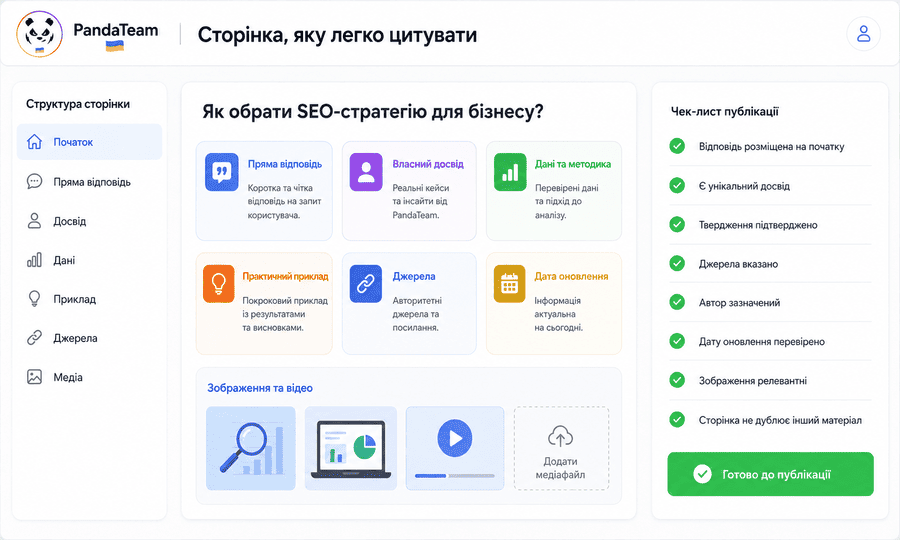 Структура экспертной страницы с прямым ответом, доказательствами и датой обновления