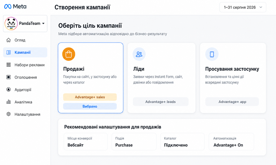 Вибір кампанії Meta для продажів, лідогенерації або просування застосунку