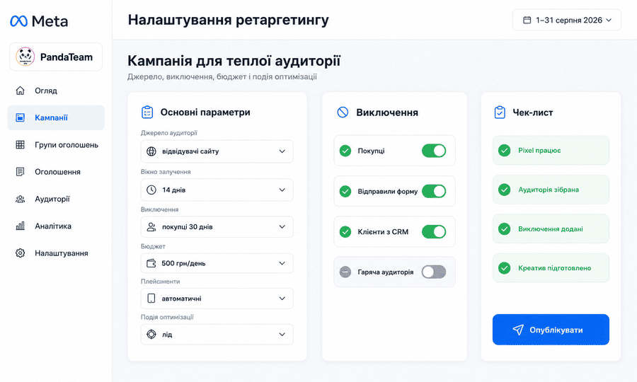 Звіт із ретаргетингу в Meta Ads із сегментами та ключовими метриками